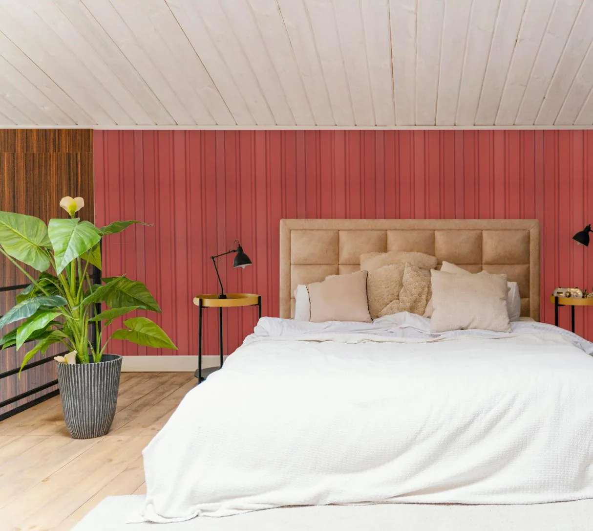Bedroom with red solid-colour louvers and a pale wood ceiling